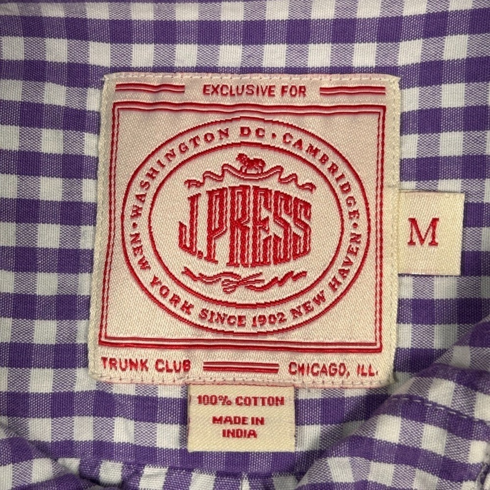 J Press Button Down Shirt Mens Medium Purple Gingham Check Cotton Long Sleeve - Picture 3 of 16